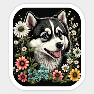 Alaskan Malamute Dog and Flowers Sticker